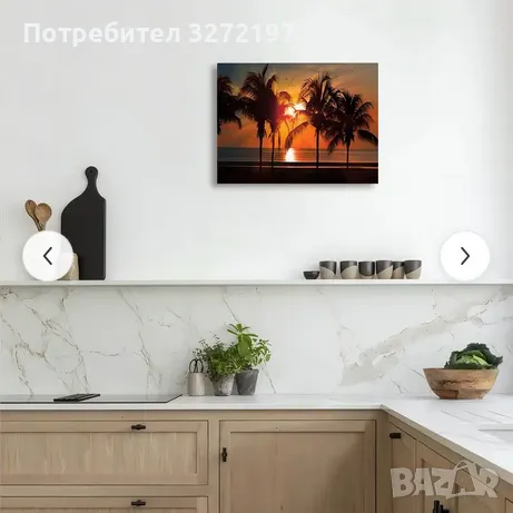 Картина на платно с дървена рамка-Залез слънце над океана, палми, снимка 4 - Картини - 49181893