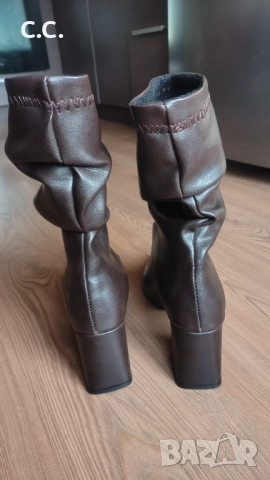 Кафеви кожени боти с нисък ток, 40 номер, снимка 3 - Дамски боти - 52702664