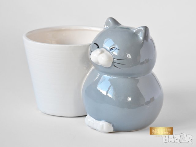 Котка - Кашпа за сукуленти / Подарък за дома / Керамична кашпа с котка , снимка 8 - Саксии и кашпи - 40513352