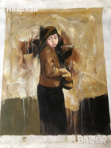 Картини – „Таитянски жени на плажа“ и авторски портрет на момиче, маслени бои, от Париж, нови, снимка 11 - Картини - 47476041