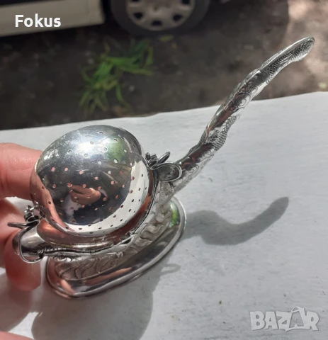 Стара антикварна сребърна цедка за чай с дракон - маркировки, снимка 2 - Антикварни и старинни предмети - 50966187