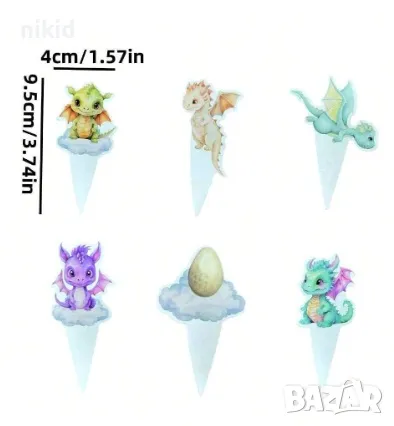 24 бр Динозавър Динозаври дракон къси остри картонени топери за торта мъфини кексчета парти рожден, снимка 3 - Други - 47781272