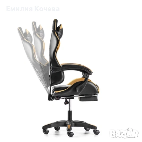 Черен геймърски стол с златисти акценти и разтегляема поставка за крака – луксозен комфорт , снимка 4 - Столове - 53236819