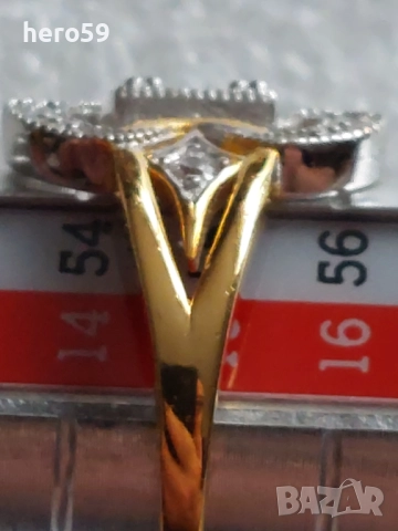  Дамски сребърен пръстен с лабораторен  диамант и 18 каратова позлата, снимка 7 - Пръстени - 51550438