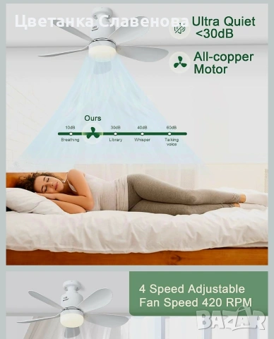 Таванен вентилатор с осветление и дистанционно управление, 53 см LED светлина, 24 W E27 ,5 перки