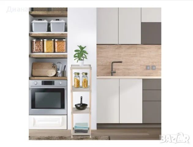 Подова етажерка от дървен материал с 4 рафта и размери 25x26x100 см, в цвят бежов/сив, снимка 1