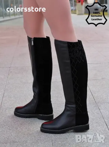 Равни ботуши - черна ЕСТЕСТВЕНА кожа и ЕСТЕСТВЕН велур - 17137Z-3-1FM, снимка 2 - Дамски ботуши - 49380781