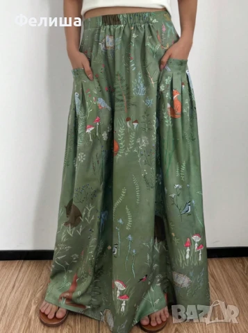 Пленително Касива Дълга Пола - Приказен Горски Свят с Червени Гъби и Животинки, снимка 2 - Поли - 50492317