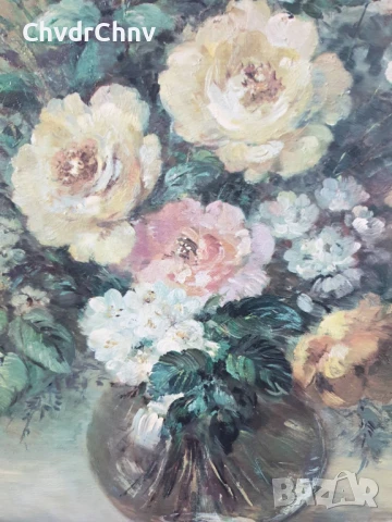 Голяма картина маслен принт върху платно/натюрморт ваза с цветя/дървена рамка 93х63см/Frohlich, снимка 3 - Картини - 50823654