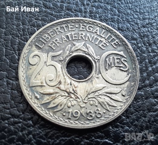 Стара монета 25 сантима 1938 г. Франция-красива !, снимка 2 - Нумизматика и бонистика - 42219984