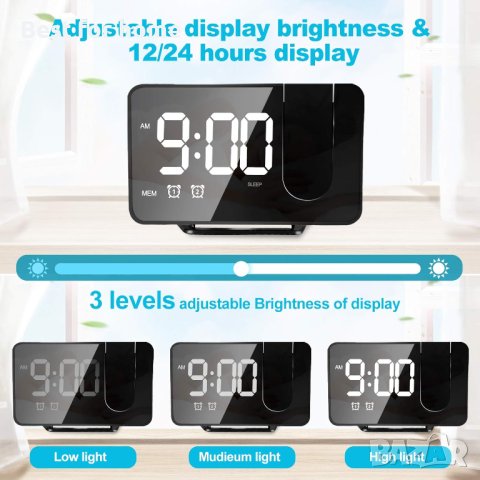 Прожекционен будилник Anykuu с FM радио Snooze Двоен звънец USB порт 3 нива на яркост LED дисплей, снимка 4 - Друга електроника - 42256113