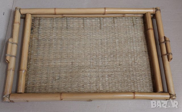 Голям дървен плетен поднос, бамбук, с дръжки и борд