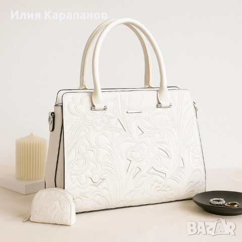 Елегантна дамска чанта с флорален релеф, снимка 1