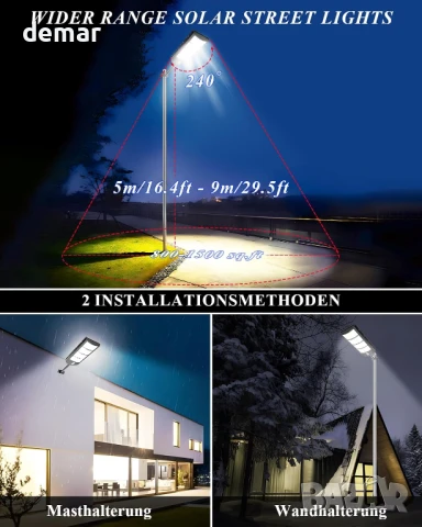 Соларна улична лампа Worshow 600W, сензор за движение - 468 LED 6500K, дистанционно, IP65, снимка 3 - Соларни лампи - 51157392