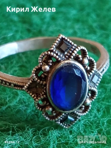 Сребърен пръстен с САПФИР повлиян от Викторианската епоха стил Арт Деко филигранна изработка 43320, снимка 3 - Пръстени - 53040875