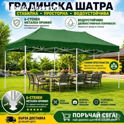 Градинска Шатра с 6-Стенен Метален Профил и Водоустойчиво Двойногумирано Покривало 900D