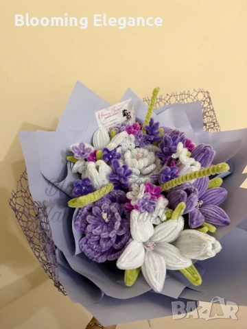 Голям вечен букет в лилаво от плюшена тел, снимка 2 - Декорация за дома - 54174290