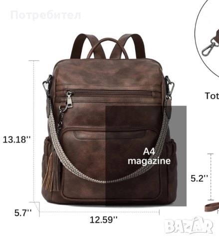 Дамска кожена раница с много джобове, снимка 2 - Раници - 51518273