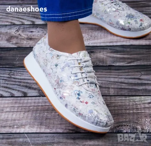 Дамски обувки от естествена кожа в бяло с принт на цветя , снимка 5 - Дамски ежедневни обувки - 50030064