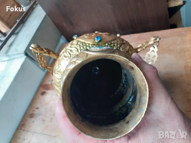 Огромно старо висящо кандило емайл и стъкла кадило тамянник, снимка 5 - Антикварни и старинни предмети - 54220475