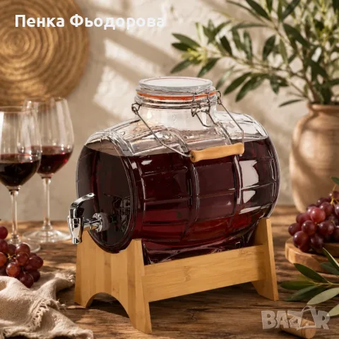 Стъклен диспенсър за напитки 8L, с кран и бамбукова поставка