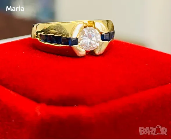 Златен  пръстен  жълто злато , брилянт и сапфири Unisex , снимка 9 - Пръстени - 49243250