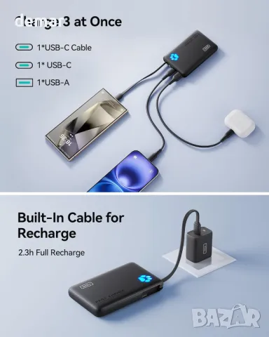 Външна батерия INIU, тънка 10000mAh захранваща банка с вграден USB-C кабел, 20 W, оранжева, снимка 6 - Външни батерии - 49527361