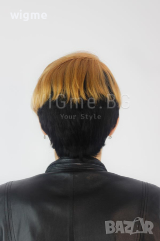 Къса перука от ЕСТЕСТВЕН косъм в русо и черно с бретон Регина, снимка 4 - Аксесоари за коса - 44616094