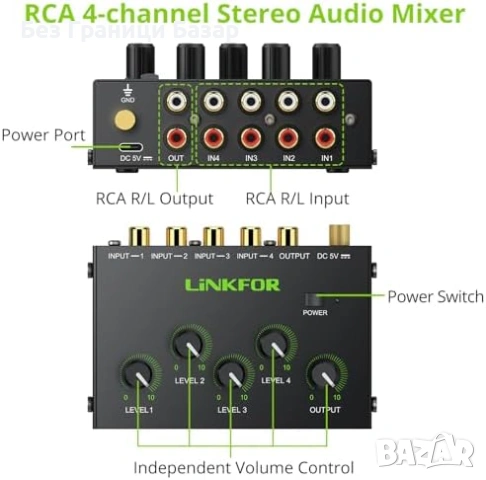 Нов Компактен 4-канален RCA миксер с усилване и контрол на звука за DJ и домашно кино, снимка 2 - Други - 54103702
