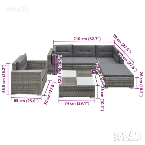 vidaXL Градински комплект с възглавници, 6 части, сив полиратан, снимка 8 - Градински мебели, декорация  - 56147553
