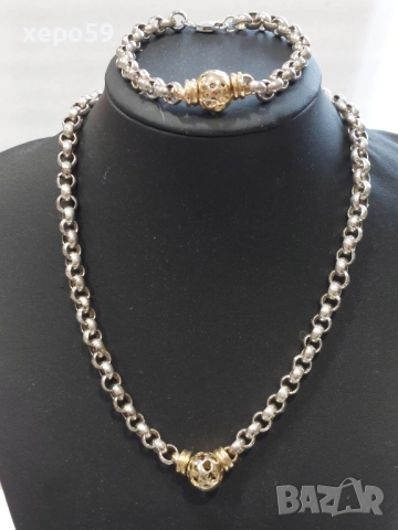 Прекрасна сребърна авторска дамска гривна и колие.Сребро проба 925,златни 9 каратови апликации