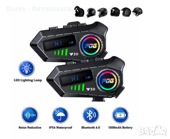 Bluetooth интеркоми за каска 6.0, CVC DSP шумопотискане, LED дисплей, IPX6, 1000 mAh