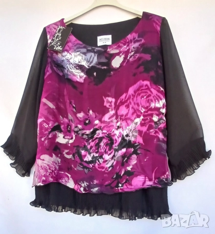 Дамска луксозна  копринена блуза с прозрачни черни ръкави., снимка 4 - Туники - 51826347