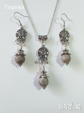 Красив Бохо комплект бижута с лечебния камък Майфанит и красиви орнаменти в римски стил, снимка 1