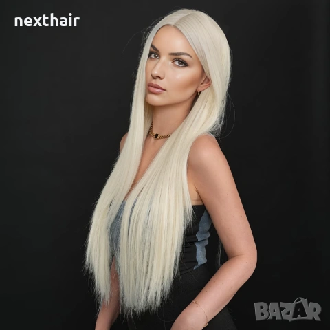Перука 80 см — платинено светло руса, дълга права, синтетична, с път, снимка 3 - Аксесоари за коса - 53020160