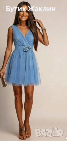 Дамска тюлена рокля със сатенени цветенца 