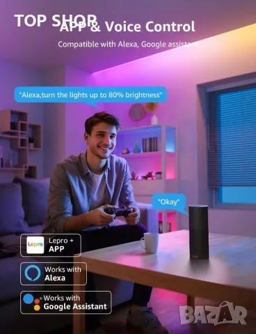 Lepro S1 Smart LED лента, 5M 150LEDs Работи с Alexa, Google Assitant, Bluetooth и WiFi App Control, снимка 2 - Лед осветление - 49419845