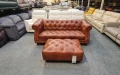 Кафяв кожен диван тройка и табуретка тип Честърфийлд, снимка 1