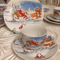 Старинен немски Коледен комплект за кафе/чай и десерт сервиз сет трио, снимка 1 - Сервизи - 36676658
