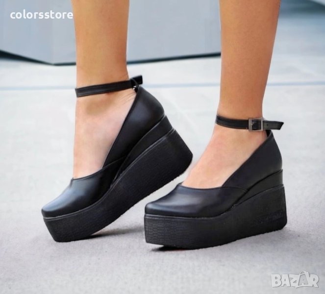 Обувки на платформа - черна кожа с черно ходило - 125K, снимка 1