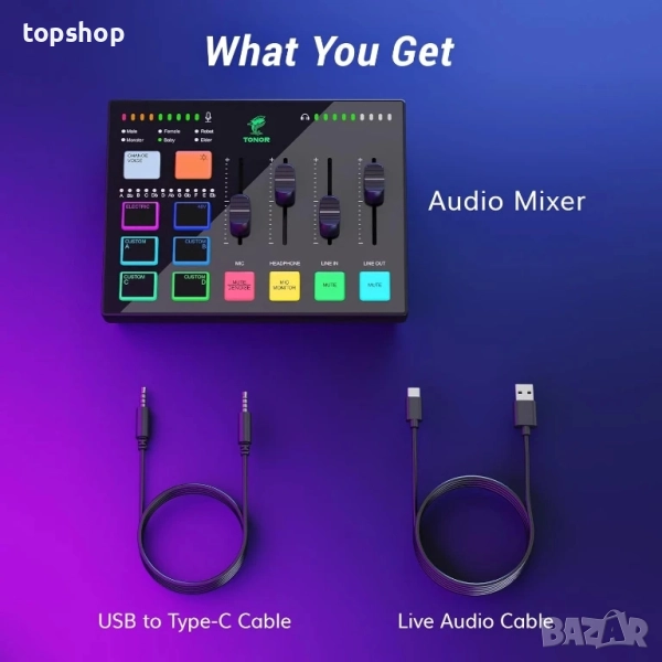Нов, тестван TONOR RGB аудио миксер с Pro предусилвател, 6.5 мм и XLR канал, поддръжка за инструмент, снимка 1