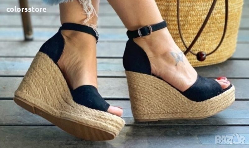 Сандали на платформа - черен велур - 707, снимка 1