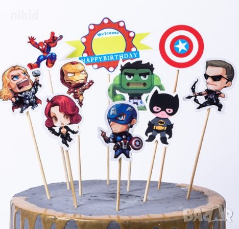 Avengers Отмъстителите Капитан Америка Хълк Айрън герои Happy Birthday сет топери клечки  за торта , снимка 1