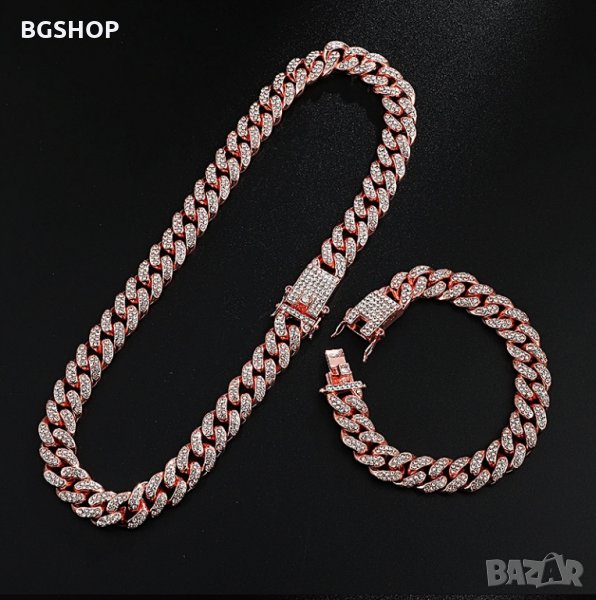 Bling Bling Хип-хоп ланец и гривна - Комплект Pink, снимка 1