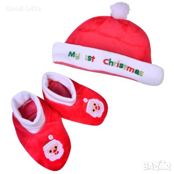 Бебешки коледен комплект, Шапка и буйки, 0-6 месеца, снимка 1