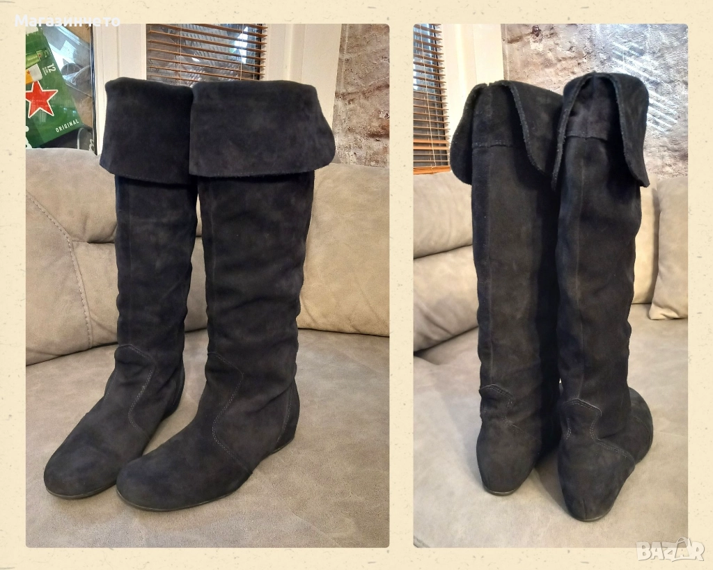 Тъмносини дамски ботуши от естествен велур, номер 39, снимка 1