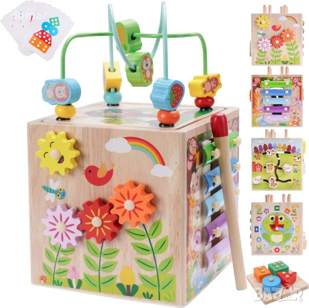 Дървен куб за сортиране и подреждане, образователна играчка  за малки деца 1+ години, синьо, снимка 1