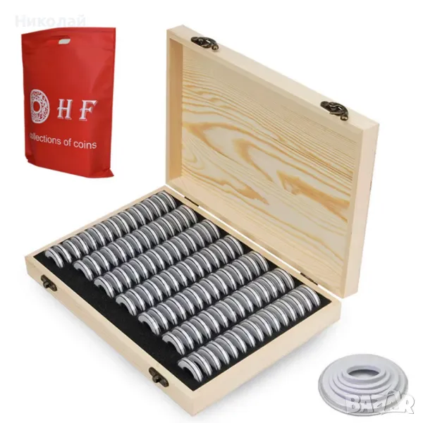 Дървена кутия за 100 монети + капсули + уплътнители за съхранение на монети класьор албум монета, снимка 1