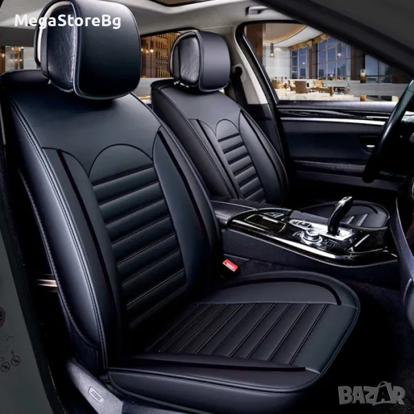 Кожени калъфи за предни седалки тапицерия 2бр - Черно с черно, снимка 1