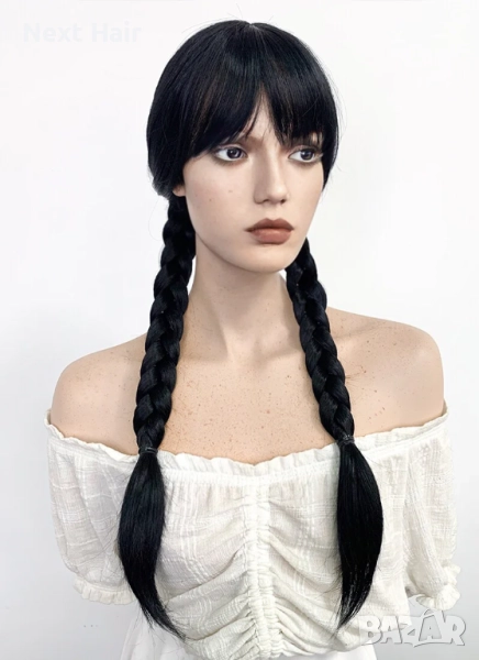 65 см черна аниме перука с две плитки и бретон, снимка 1